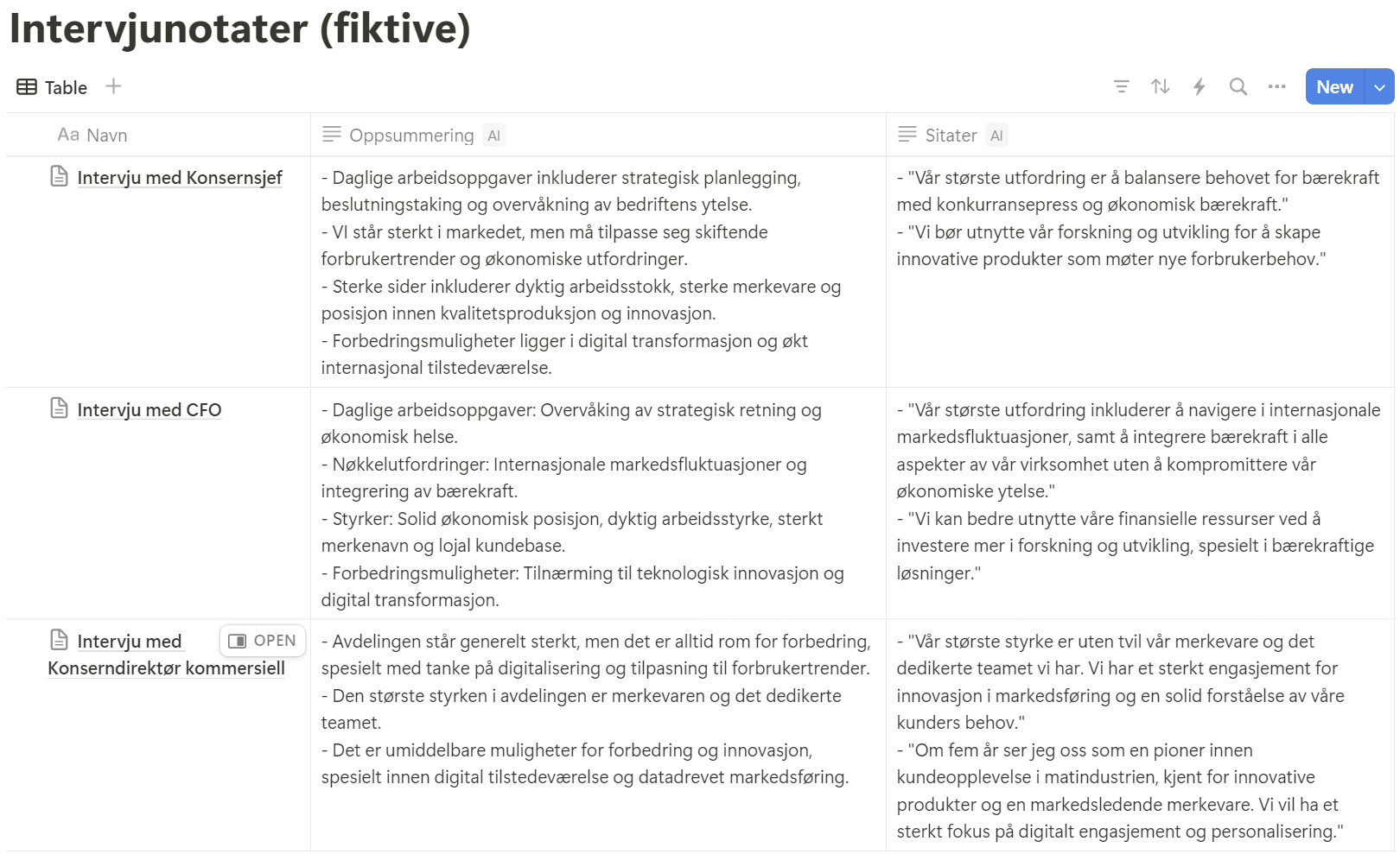 Screenshot fra Notion som viser tabell med oppsummering og sitater